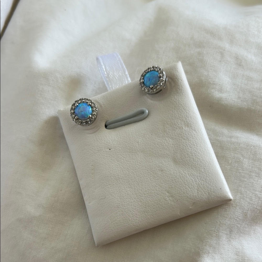 Elegant White Sapphire and Blue Opal Stud Earrings